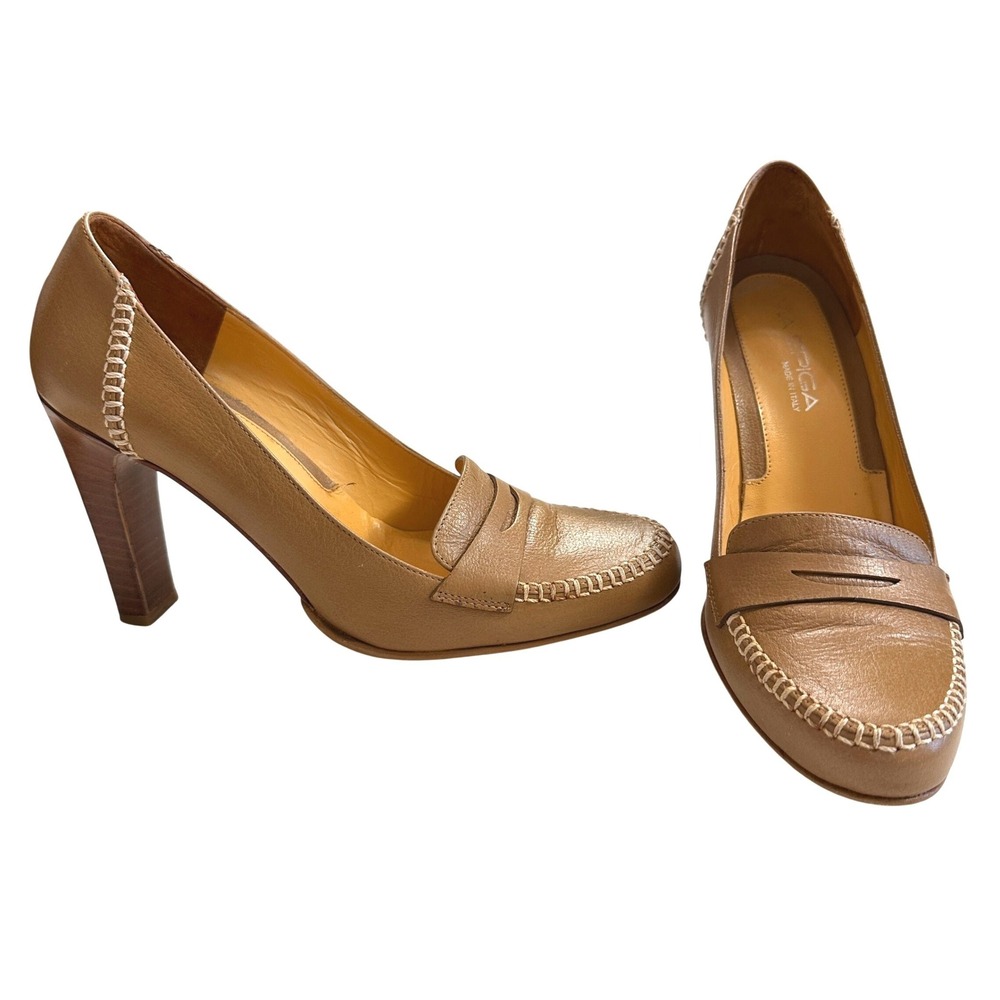 VTG 90s Via Spiga Leather Penny Loafer Pumps Tan 6.5M Italy Block Heel Preppy
